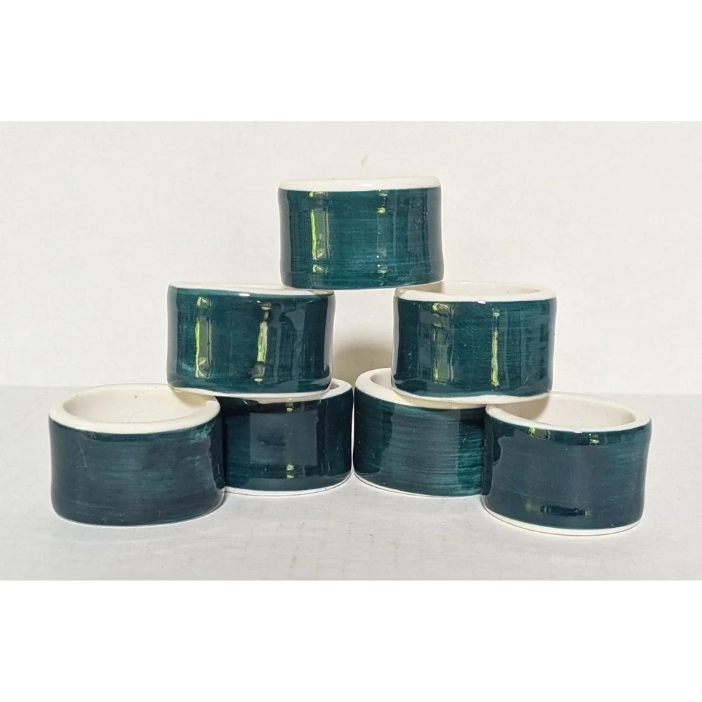 Vintage Ceramic Napkin Rings Oval Deep Christmas Green Set of 7